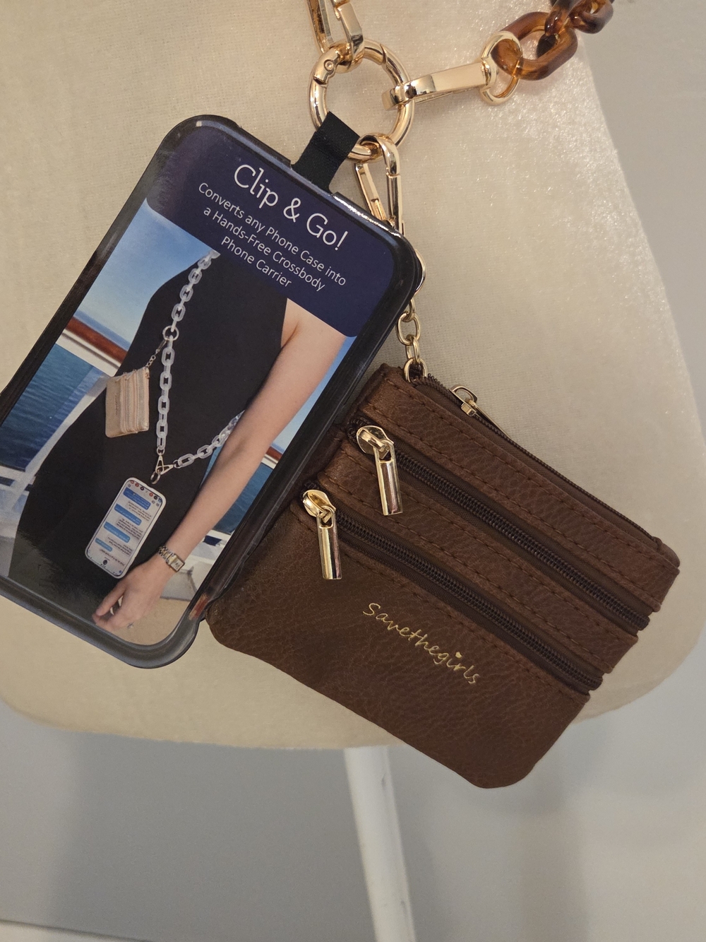The Girls Clip & Go Crossbody Phone Case in Brown with Gold Hardware